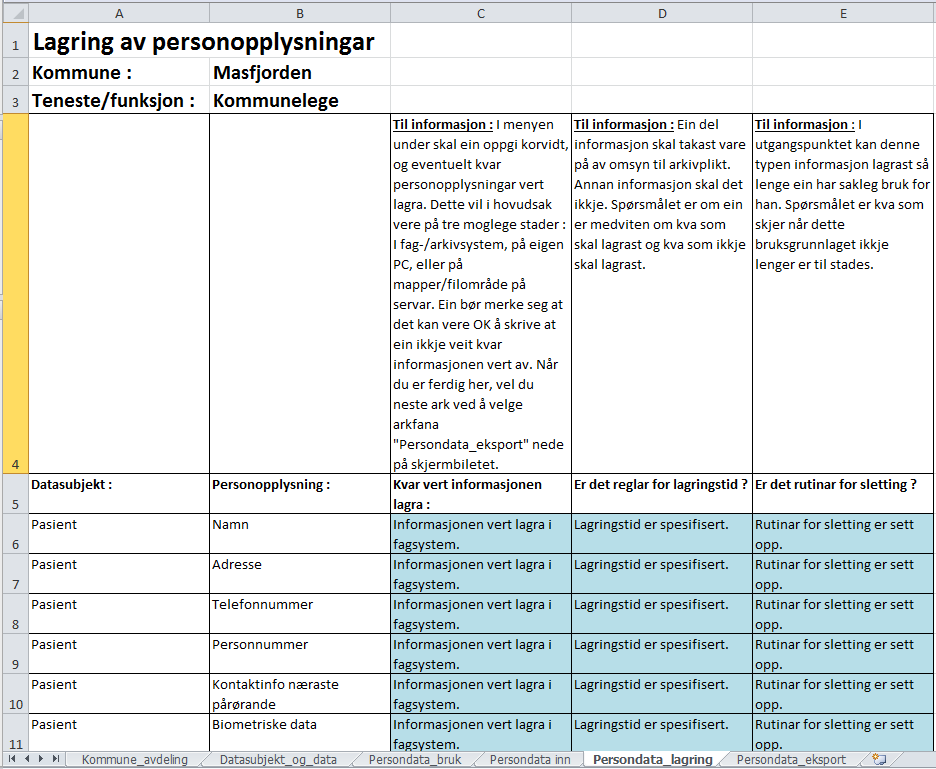 Oppgi kjeldene for personopplysningane Peik og klikk på arkfana Persondata_inn.