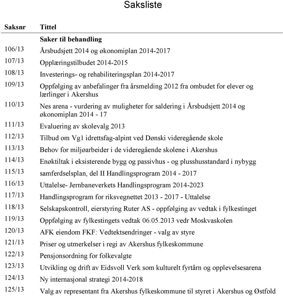 Evaluering av skolevalg 2013 112/13 Tilbud om Vg1 idrettsfag-alpint ved Dønski videregående skole 113/13 Behov for miljøarbeider i de videregående skolene i Akershus 114/13 Enøktiltak i eksisterende