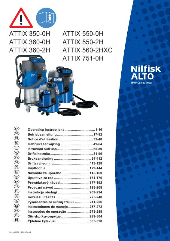 Du kan lese anbefalingene i bruksanvisningen, de tekniske guide eller installasjonen guide for NILFISK ATTIX 550-0H.