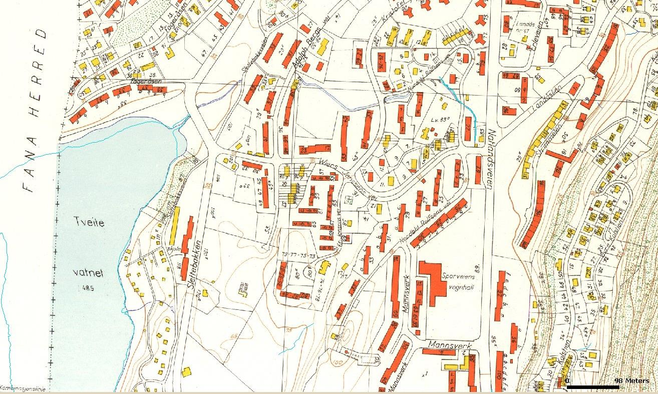 Kulturminnerapport, Adolph Bergs vei 11 Figur 11. Utsnitt av kart der det i 1958 er markert hvor søppelfyllingen ligger. Planområdet er vist med rød sirkel. Kilde: bergenbyarkiv.