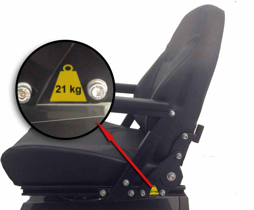 Setets vegt Dette er vårt standard Ergo 45 cm sete, og er den tyngste delen å demontere på M1-Joy. Merket som viser setets vekt er plassert som vist ovenfor. Sete model Eblo sete Ergo sete 34 cm.