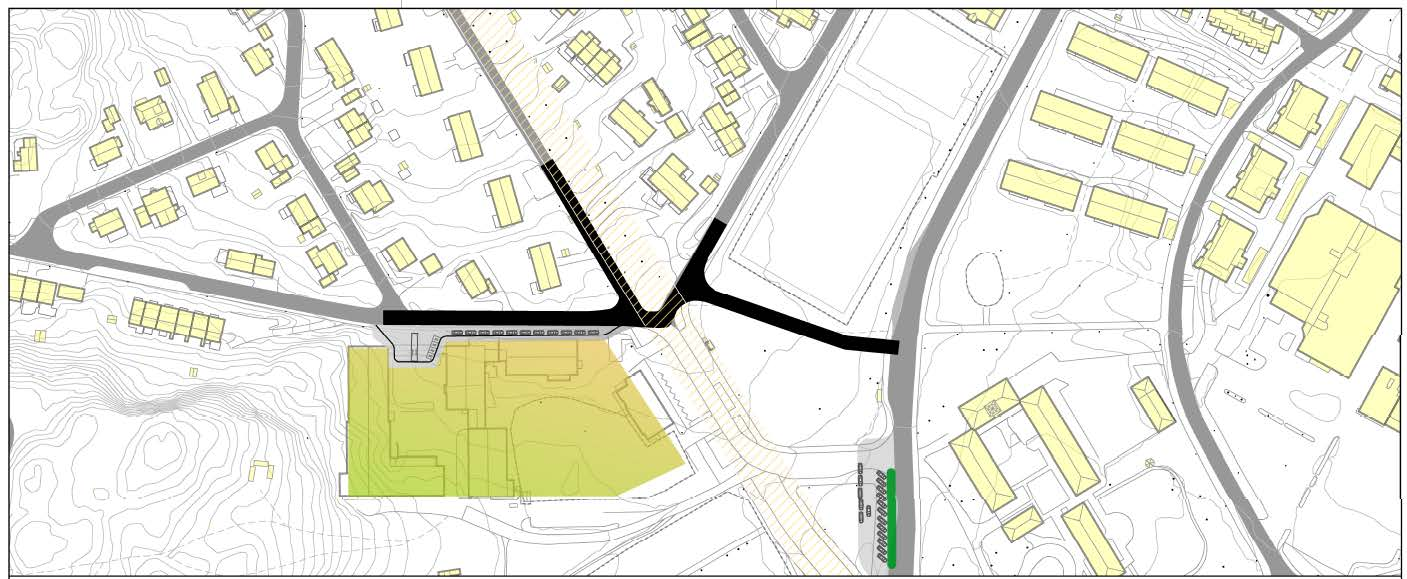 3.3 Alternativ 2 Alternativ 2 viser ny vegføring av Korsvik allé. De tre nederste alternativene viser ulike lokaliseringer av hall.