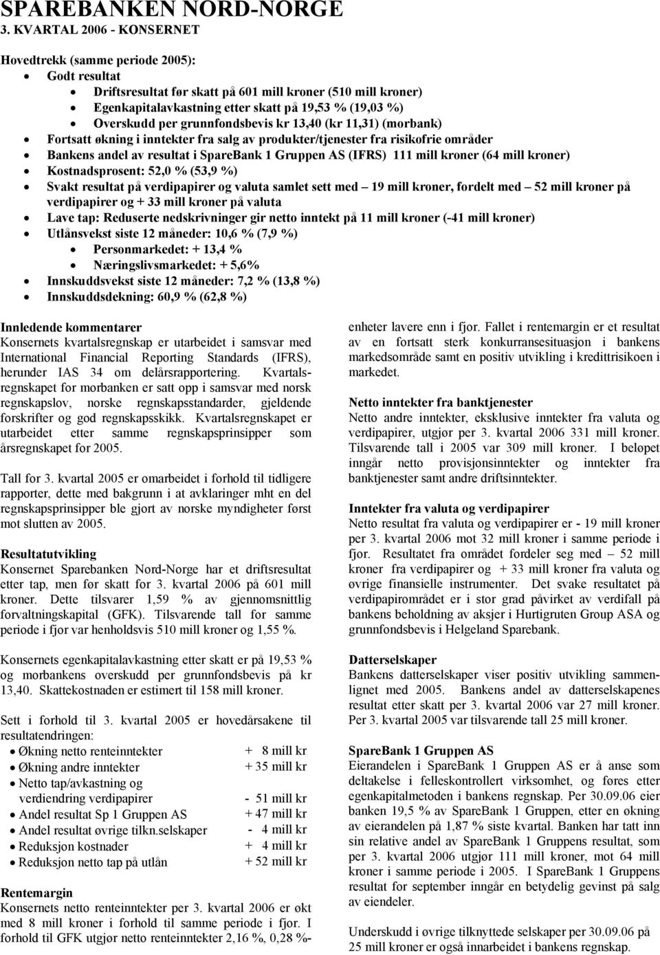 per grunnfondsbevis kr 13,40 (kr 11,31) (morbank) Fortsatt økning i inntekter fra salg av produkter/tjenester fra risikofrie områder Bankens andel av resultat i SpareBank 1 Gruppen AS (IFRS) 111 mill