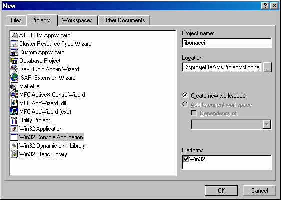 Å lage programmer i C++ side 4 av 15 1.3. Trinnene i Visual Studio versjon 6 Etter oppstart kommer dette bilde opp. Figur 2 I utviklingsmiljøet arbeider man innenfor et prosjekt.