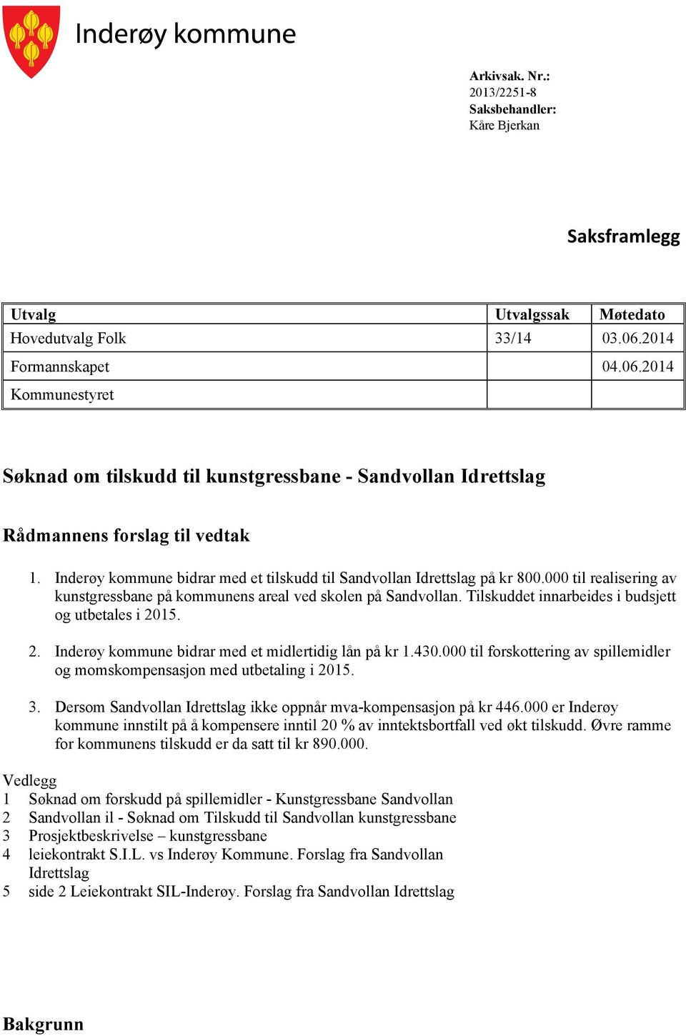 Inderøy kommune bidrar med et tilskudd til Sandvollan Idrettslag på kr 800.000 til realisering av kunstgressbane på kommunens areal ved skolen på Sandvollan.