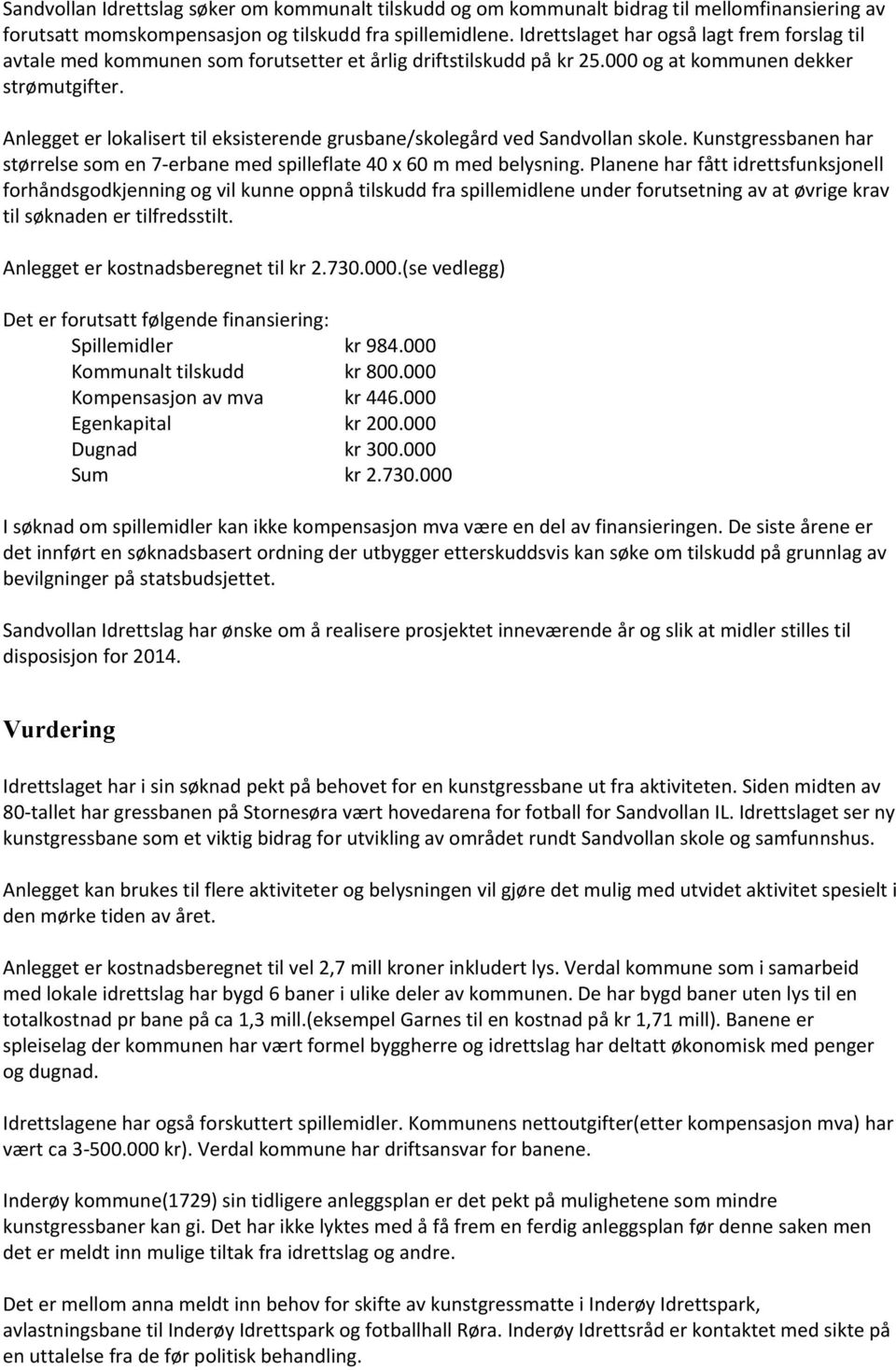 Anlegget er lokalisert til eksisterende grusbane/skolegård ved Sandvollan skole. Kunstgressbanen har størrelse som en 7-erbane med spilleflate 40 x 60 m med belysning.