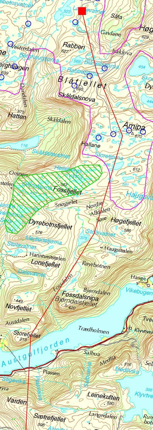 6.0 132 KV LEDNING DALSBOTNFJELLET FRØYSET TRAFOSTASJON Det er kun vurdert en trase for ny 132 kv ledning mellom trafostasjonen i Dalsbotnfjellet og Frøyset trafostasjon.