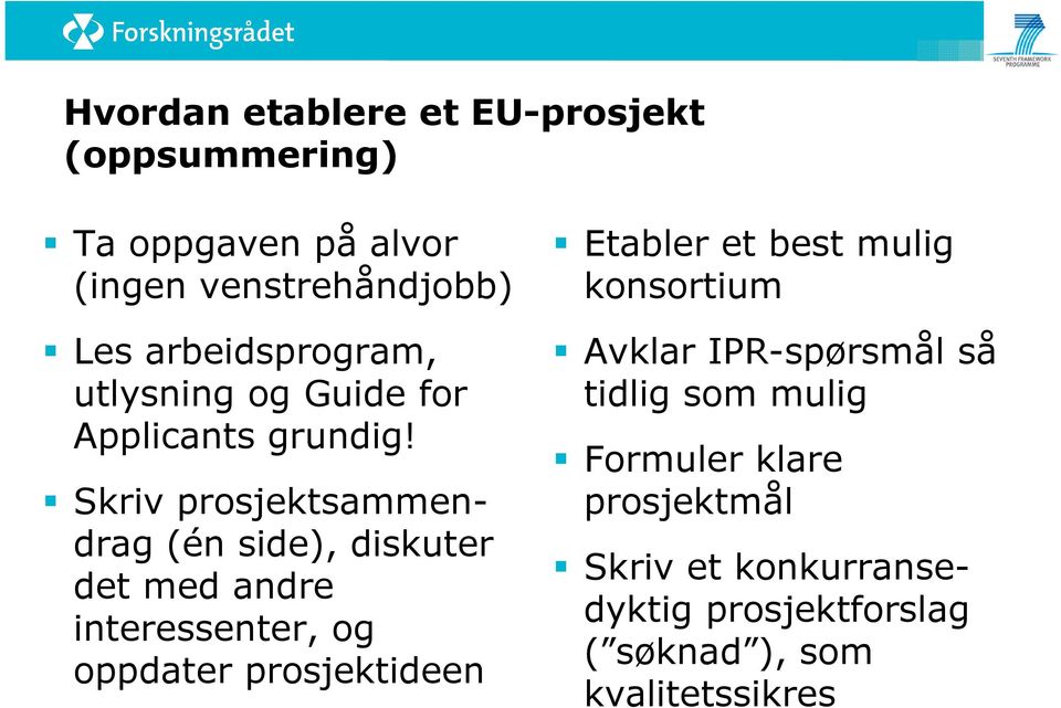 Skriv prosjektsammendrag (én side), diskuter det med andre interessenter, og oppdater prosjektideen Etabler