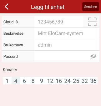 1. I app, trykk «+», deretter «Legg til enhet via ID». 2. Under «Cloud ID», skriv inn 9-sifret kode som finnes på underside av hovedenhet. 3. Under «Beskrivelse», definer et navn på ditt kamerasystem.