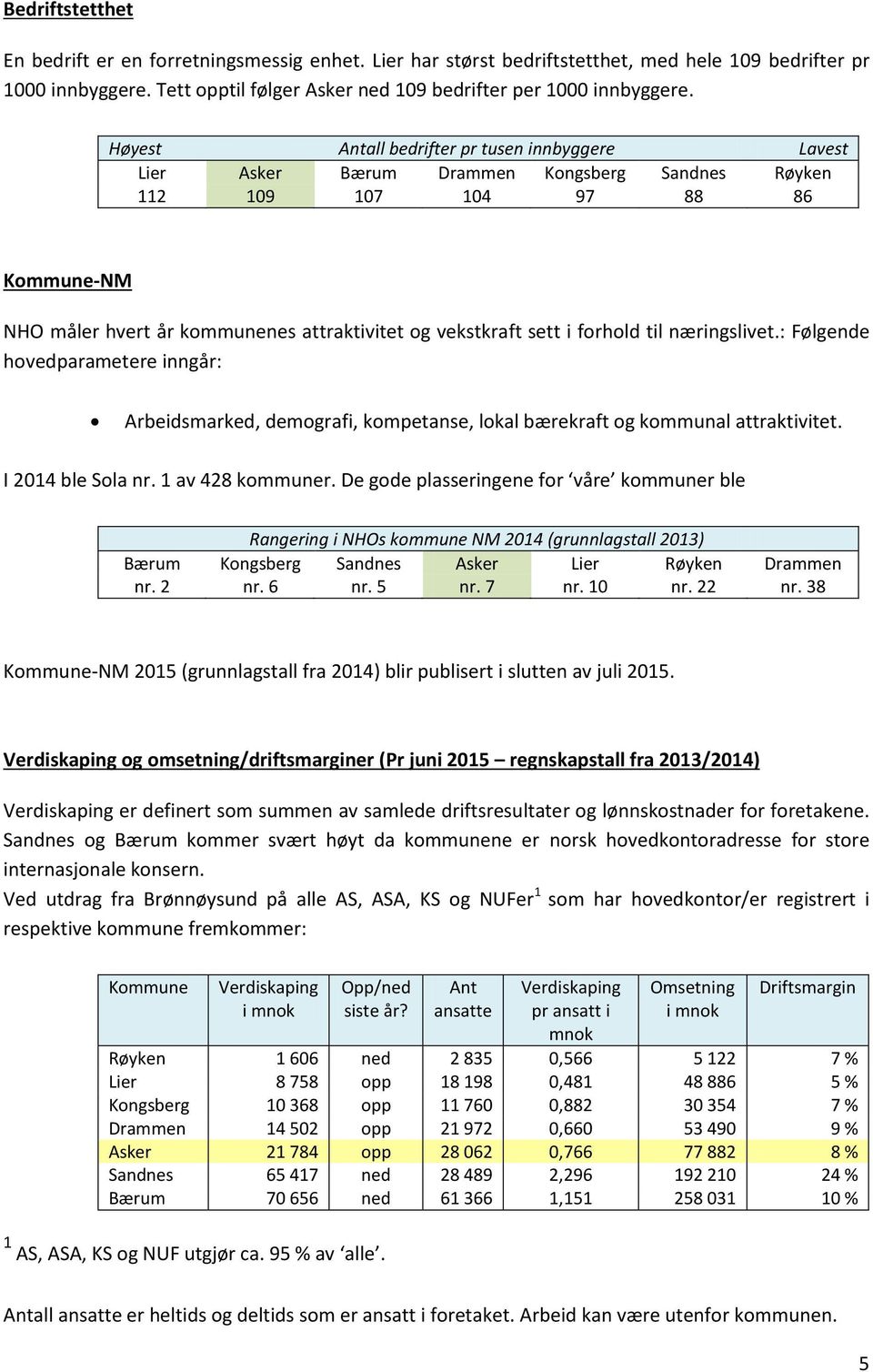 i forhold til næringslivet.: Følgende hovedparametere inngår: Arbeidsmarked, demografi, kompetanse, lokal bærekraft og kommunal attraktivitet. I 2014 ble Sola nr. 1 av 428 kommuner.