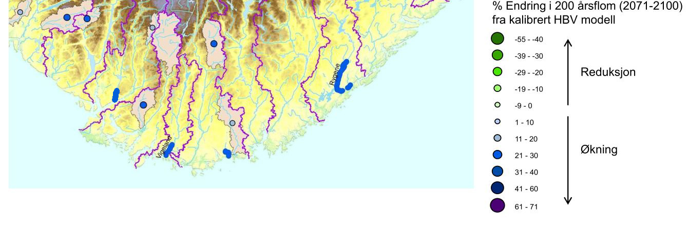 Figur 1-2: Delprosjekt Feda får 20% økning som følge av klimaendringer. Resultatet er basert på fremtidige klimascenarioer, regionale analyser og HBV-modeller i uregulerte nedbørfelt.