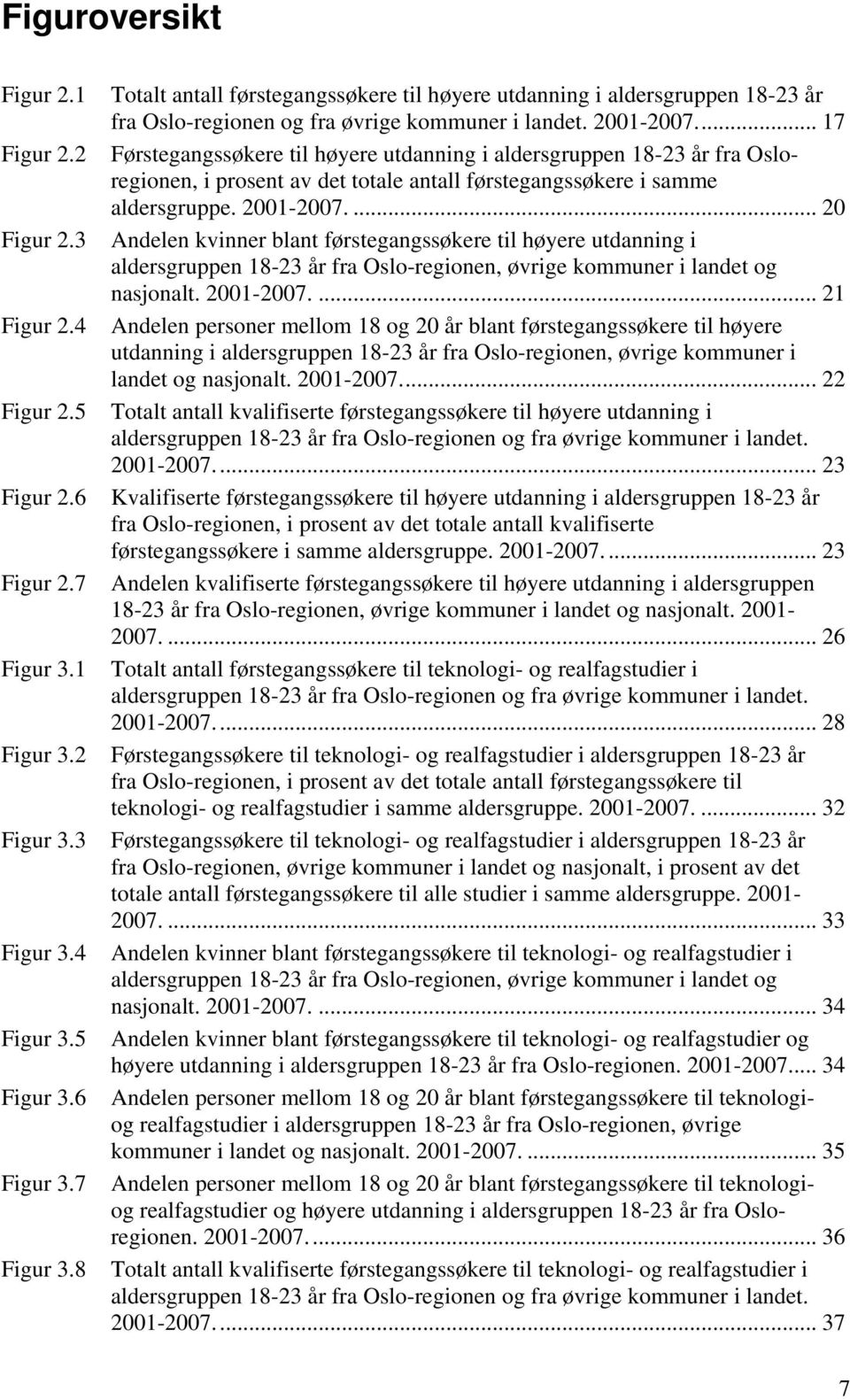 2001-2007... 17 Førstegangssøkere til høyere utdanning i aldersgruppen 18-23 år fra Osloregionen, i prosent av det totale antall førstegangssøkere i samme aldersgruppe. 2001-2007.