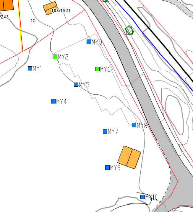 Myra barnehage Miljøteknisk grunnundersøkelse- Datarapport og tiltaksplan MULTICONSULT Figur 5 Plassering av prøvepunktene, fargelagt etter forurensningsnivå. Utsnitt fra tegning 414193-2. 6.