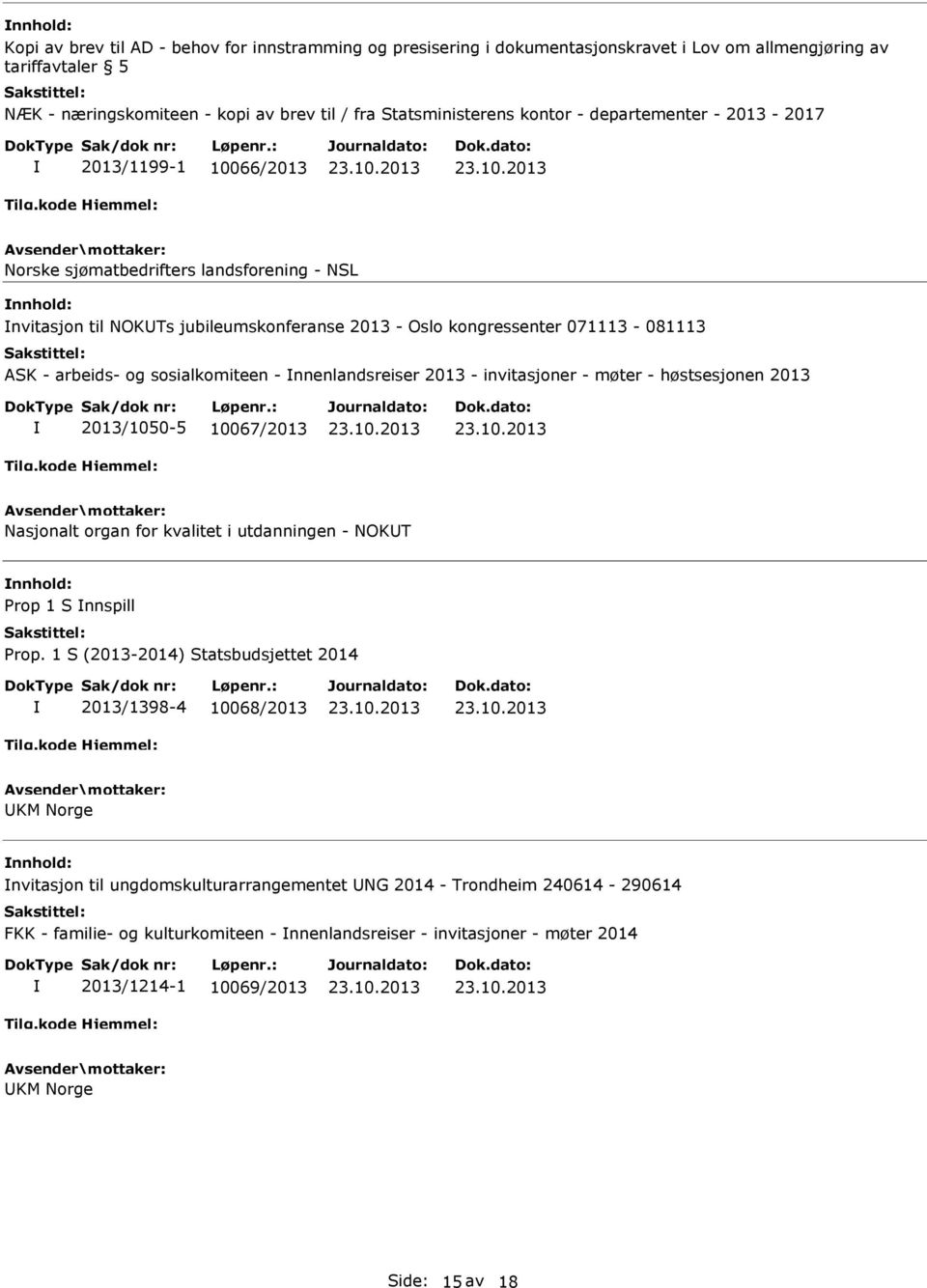 arbeids- og sosialkomiteen - nnenlandsreiser 2013 - invitasjoner - møter - høstsesjonen 2013 2013/1050-5 10067/2013 Nasjonalt organ for kvalitet i utdanningen - NOKUT nnhold: Prop 1 S nnspill