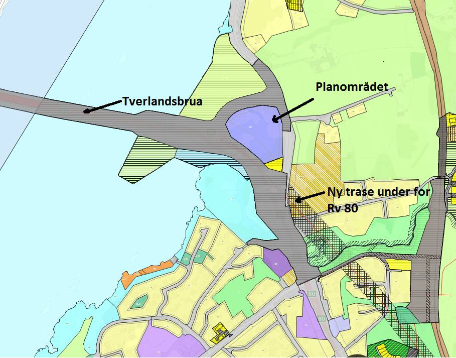 Kartutsnittet er hentet fra kommunedelplan for Tverlandet og viser planområdets beliggenhet øst for brufoten.