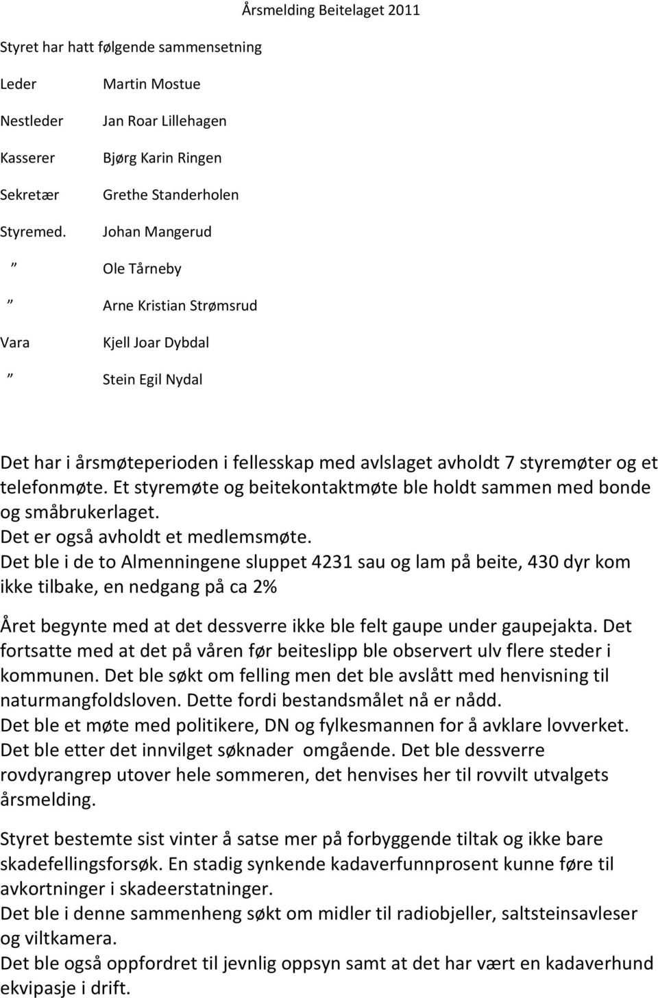 fellesskap med avlslaget avholdt 7 styremøter og et telefonmøte. Et styremøte og beitekontaktmøte ble holdt sammen med bonde og småbrukerlaget. Det er også avholdt et medlemsmøte.