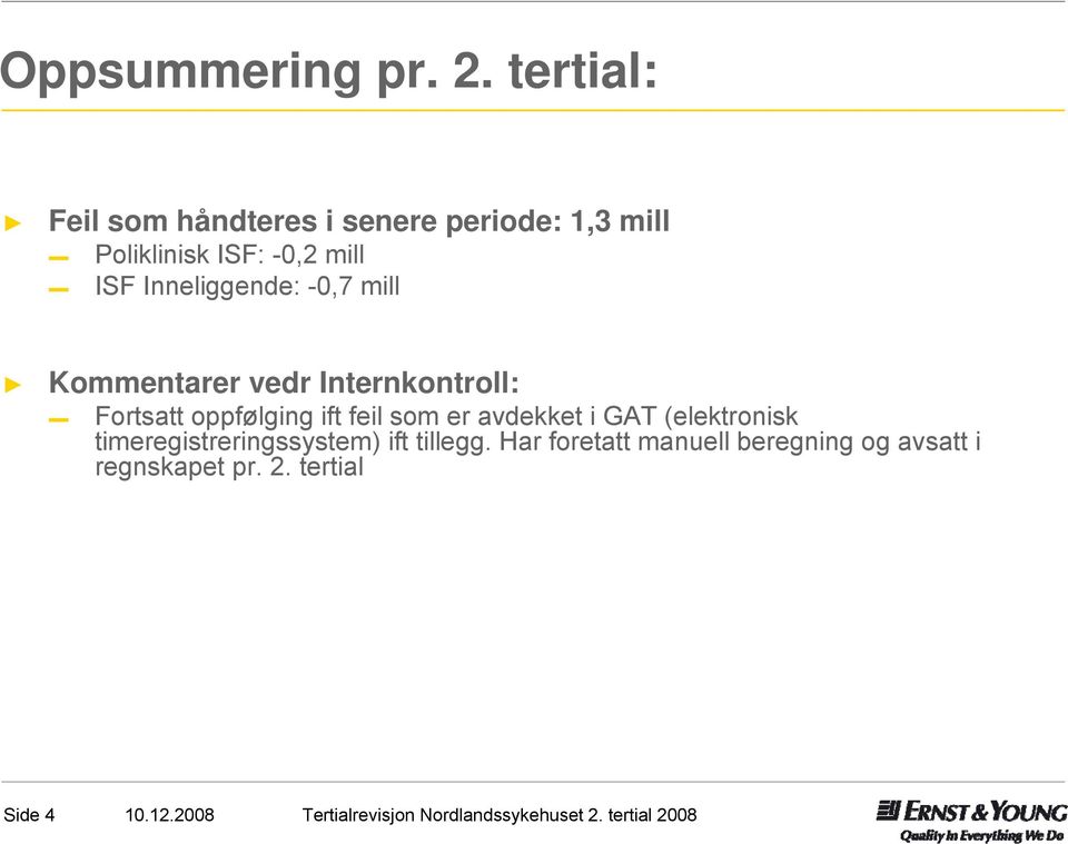 ISF Inneliggende: -0,7 mill Kommentarer vedr Internkontroll: Fortsatt oppfølging ift