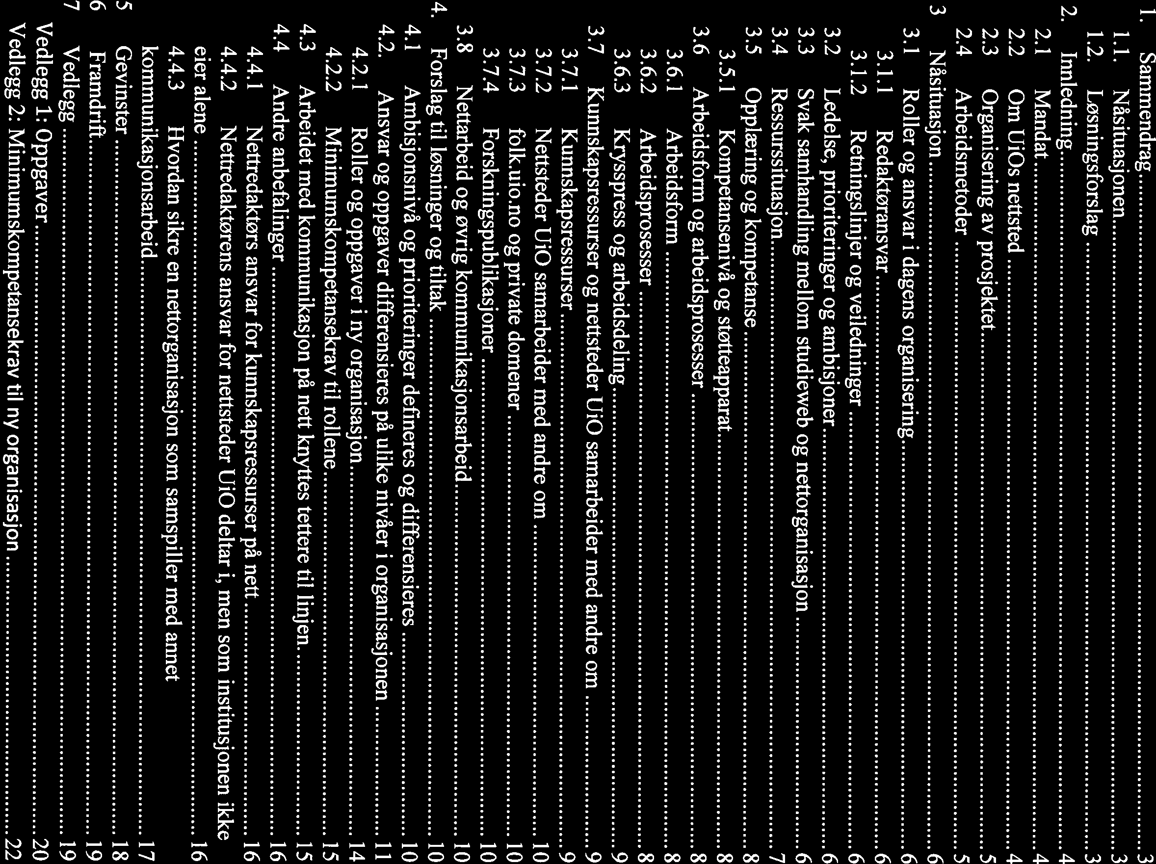 Innhold Sammendrag.3 1.1. Nåsituasjonen 3 1.2. Løsningsforslag 3 2. Innledning 4 2.1 Mandat 4 2.2 Om UiOs nettsted 4 2.3 Organisering av prosjektet 5 2.4 Arbeidsmetoder 5 3 Nåsituasjon 6 3.