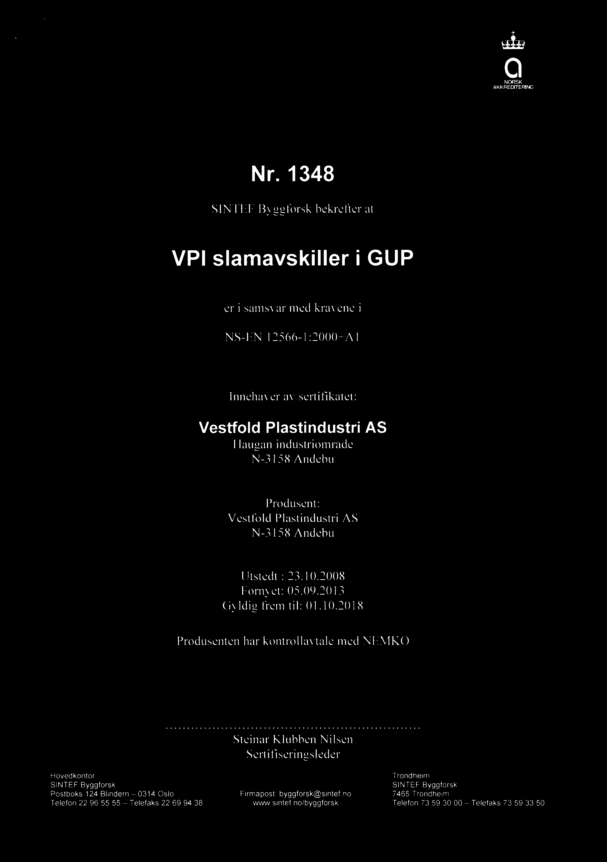(C)) SINTEF ä NCXISK PROD 007 Produktsertifikat Nr.