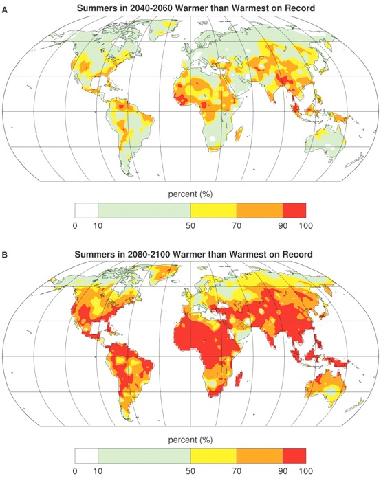 Antall somre i 2080-2100 som forventes varmere enn varmeste sommer observert i perioden 1900-2006 (SRES