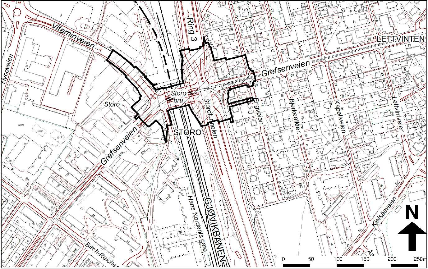 1. PLANFORSLAG Forslagsstiller: Statens Vegvesen Region øst Fagkyndig: ViaNova Plan og Trafikk AS Figur 1: Områdekart med planområdet inntegnet Planforslaget viser ombygging av Storokrysset med