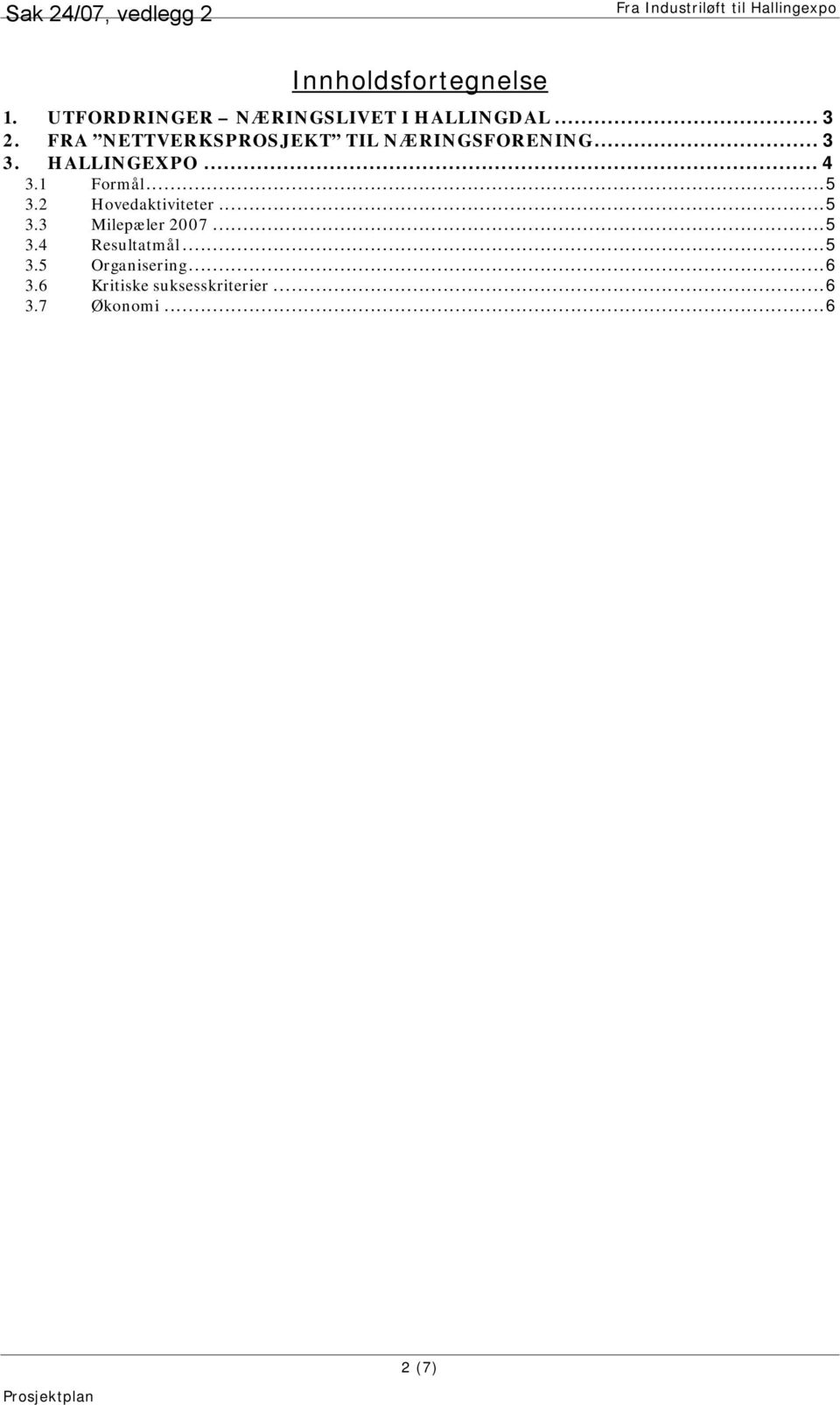 .. 3 3. HALLINGEXPO... 4 3.1 Formål...5 3.2 Hovedaktiviteter...5 3.3 Milepæler 2007...5 3.4 Resultatmål.
