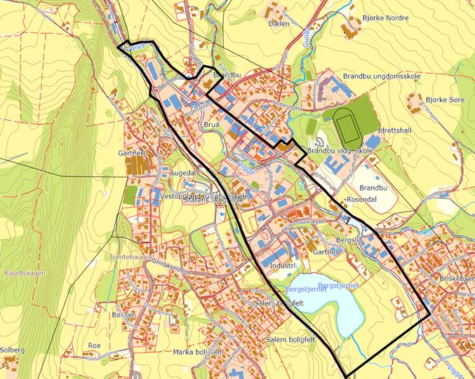 Figur 2. Brandbu sentrum med avgrensning av planområde (tykk svart strek) for områderegulering inkludert flomsikringstiltak og utvikling av offentlige rom.