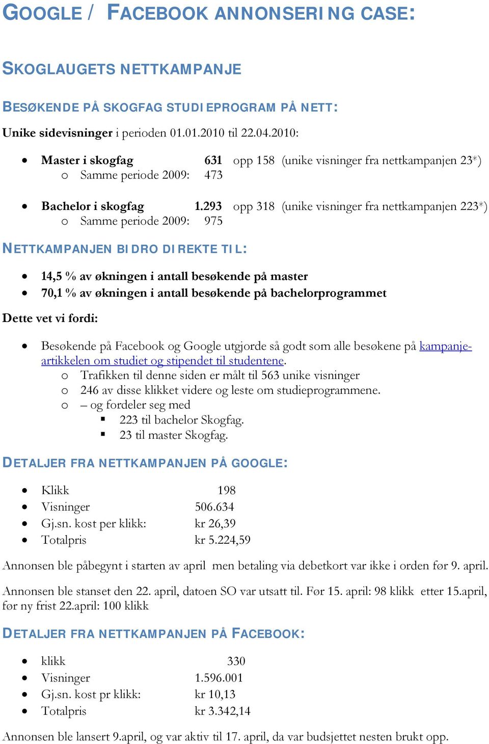 293 opp 318 (unike visninger fra nettkampanjen 223*) o Samme periode 2009: 975 NETTKAMPANJEN BIDRO DIREKTE TIL: 14,5 % av økningen i antall besøkende på master 70,1 % av økningen i antall besøkende