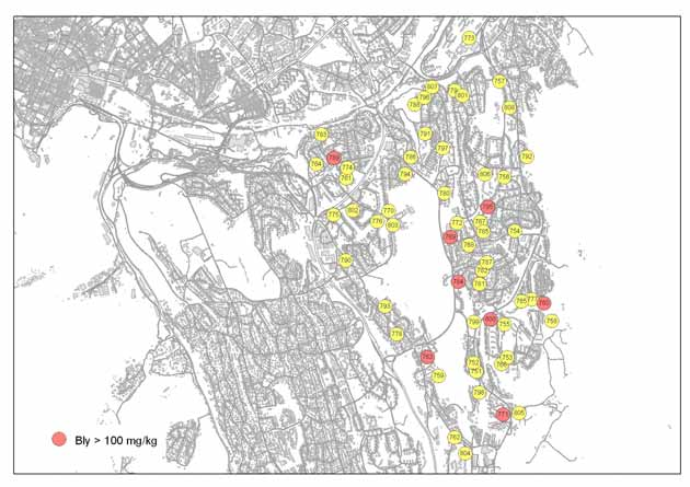 Figur 3 Kartskissen viser barnehagene der det er påvist bly over tiltaksn på 100 mg/kg