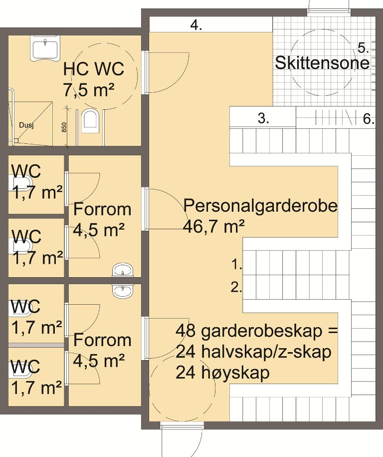 9.6 Støtteareal 9.6.1 Personalgarderobe Illustrert planløsning personalgarderobe Antall ansatte per toalett er 15 og dette skal løses innen samme areal.