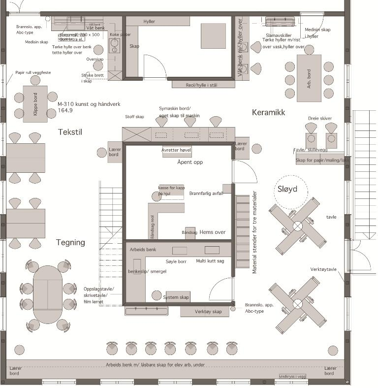 Eksempel: Bogstad skole, nybygg Areal: 210 m 2 Kunst- og håndverksarealene består av: treverksted, keramikkverksted, tekstilverksted og formingsverksted.