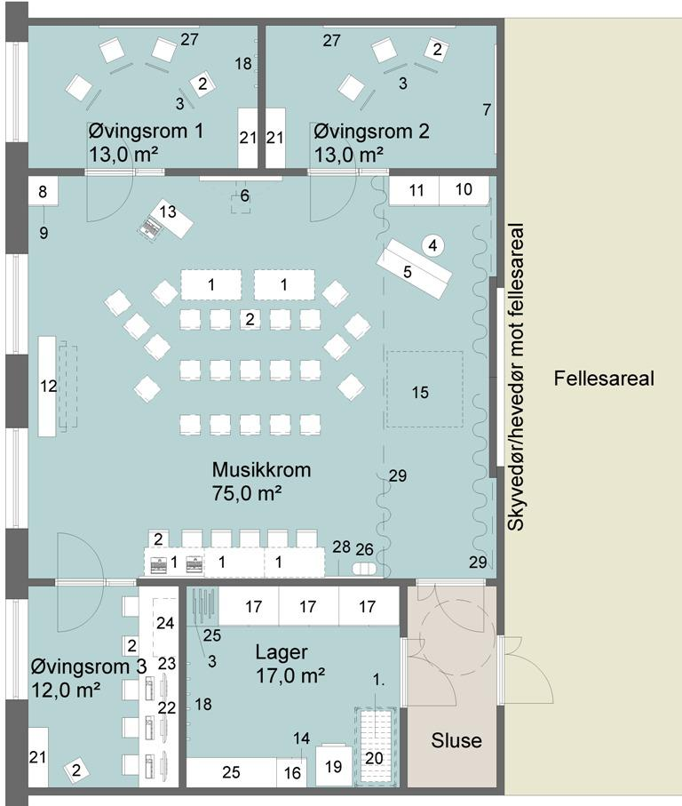 9.2.3 Musikk Illustrert planløsning musikk Areal: 130 m 2 Inngangen til musikkrom er gjennom en lydsluse. Musikkrommet bør legges mot allrommet, slik at man kan benytte musikkrommet som scene.