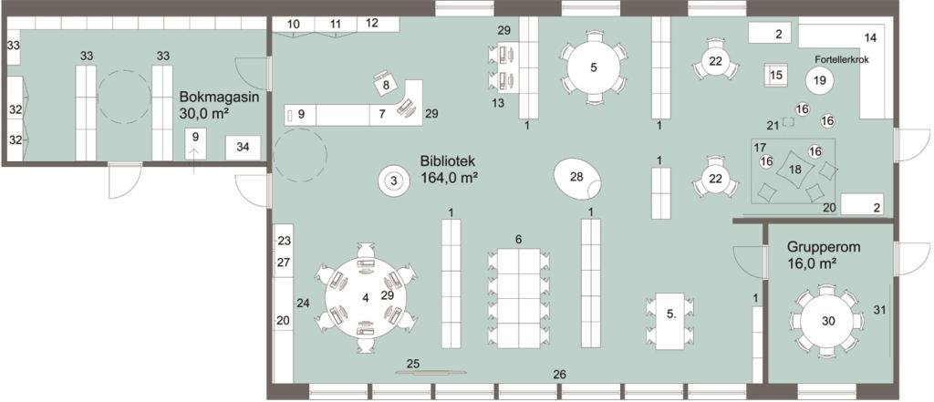 9.2.6 Bibliotek Illustrert planløsning bibliotek Areal: 180 m 2 Skranken er lagt ved inngang til bibliotek. Fra skranken har ansvarlig lærer eller bibliotekar oversikt over resten av lokalet.