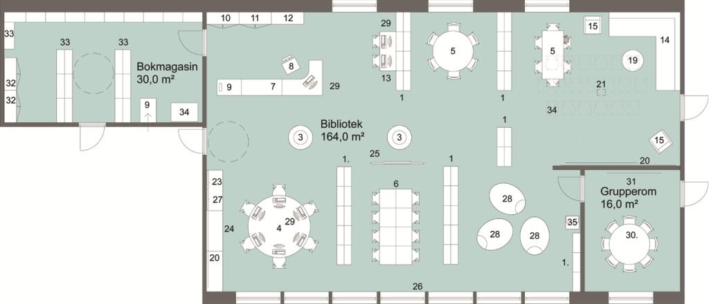 Illustrert planløsning bibliotek ungdomskole