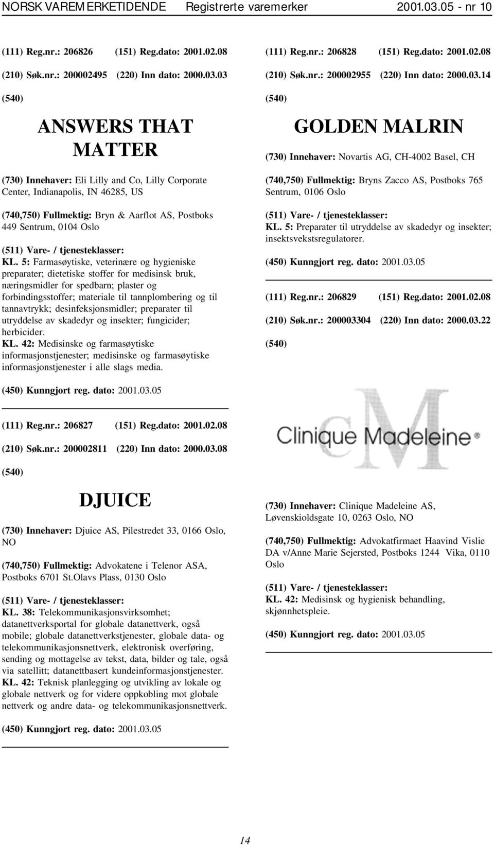 14 ANSWERS THAT MATTER GOLDEN MALRIN (730) Innehaver: Novartis AG, CH-4002 Basel, CH (730) Innehaver: Eli Lilly and Co, Lilly Corporate Center, Indianapolis, IN 46285, US (740,750) Fullmektig: Bryn &