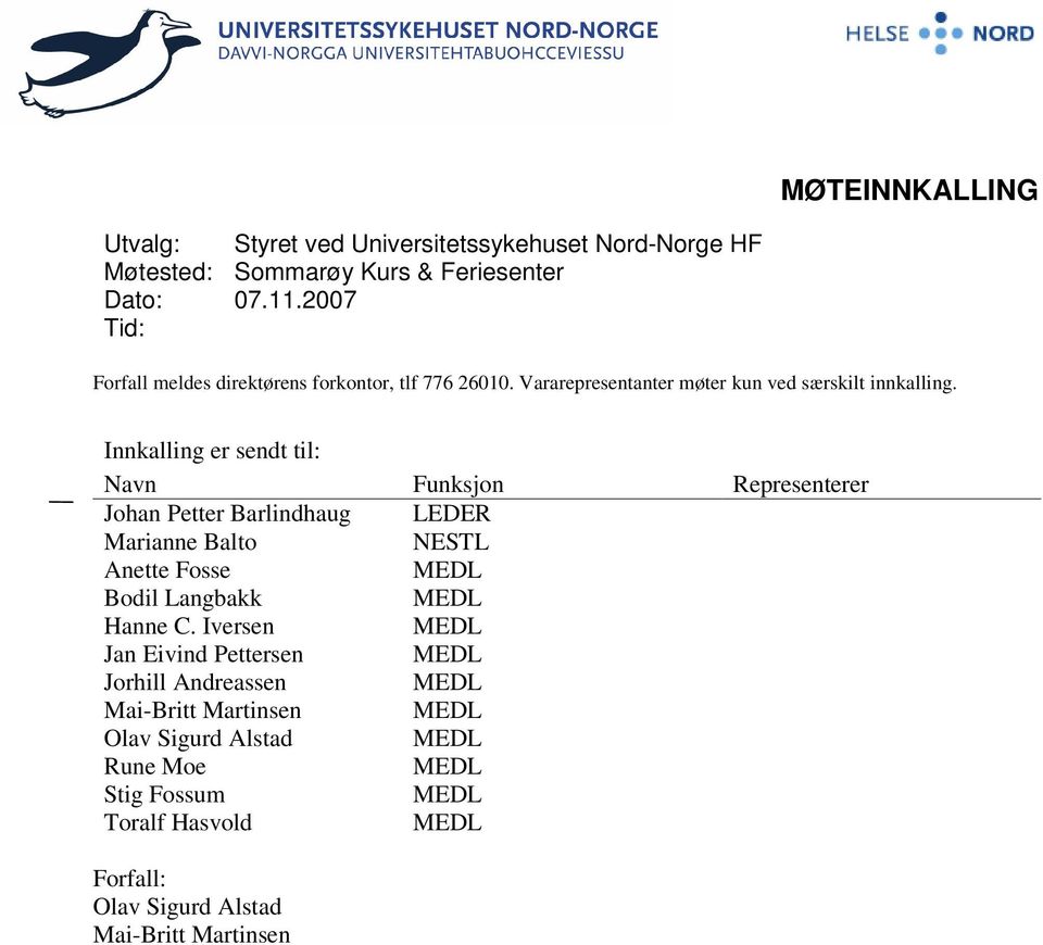 Innkalling er sendt til: Navn Funksjon Representerer Johan Petter Barlindhaug LEDER Marianne Balto NESTL Anette Fosse MEDL Bodil Langbakk MEDL Hanne