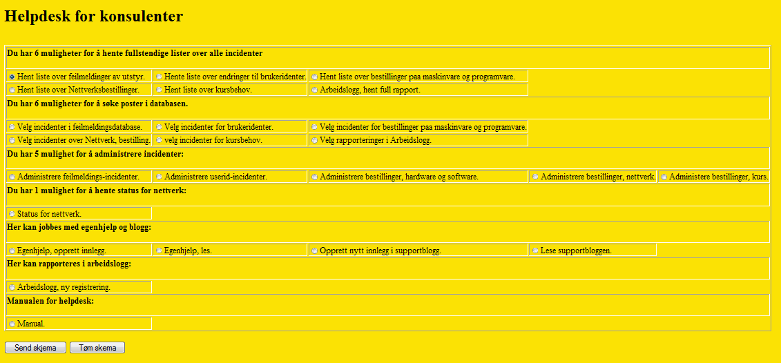 Meny for konsulenter; Helpdesk og konsulenter har vesentlig flere muligheter enn brukere.