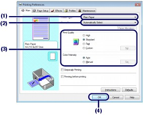 Skrive ut dokumenter (Windows) Стр. 15 из 401 стр. 6. Angi de nødvendige utskriftsinnstillingene. (1) Velg medietypen for papiret som skal skrives ut, under Medietype (Media Type).