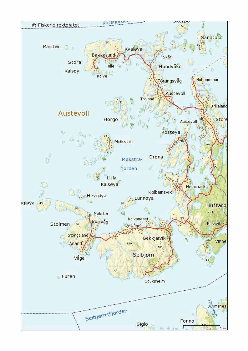 Rapport Lokalitetsundersøkelse Litle Lunnøy Figur 1: Oversiktsbilde av Austevoll, Møkstrafjorden og lokalitetsområdet. Lokaliteten er markert med en blå pil.