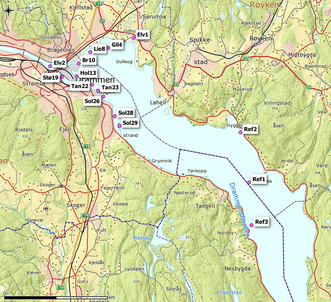 3.3 SEDIMENTERENDE MATERIALE Sedimenterende materiale er undersøkt på 15 stasjoner i Drammensfjorden i 2014 (Figur 12). Figur 12. Stasjoner for sedimenterende materiale i Drammensfjorden. 3.3.1 Sedimentasjonsrate for 2014 og sammenliknet med tidligere data Sedimentasjonsrate for de forskjellige stasjonene i Drammensfjorden i 2014 er presentert i Tabell 23.