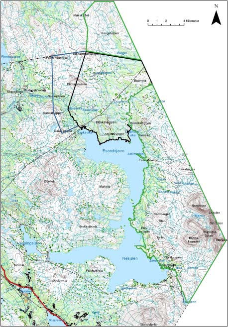 Figur 1. Kart over Sylan med grenser for den botaniske naturparken (grønn strek) og arbeidsgrenser for det planlagte verneområdet (svart strek).