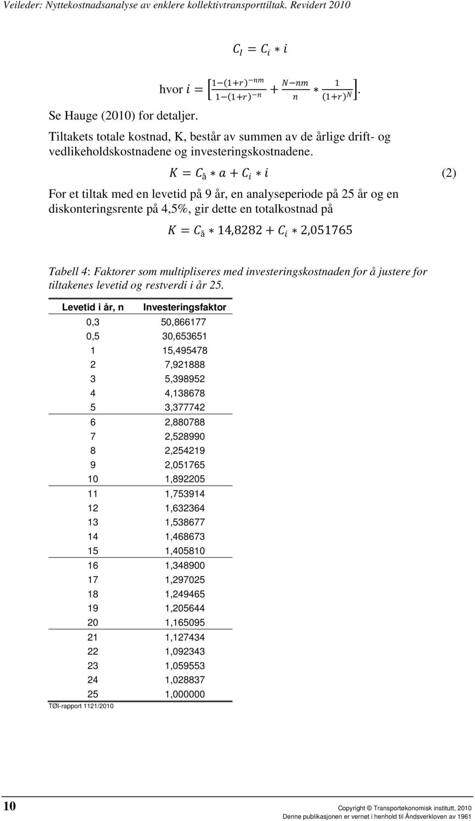 KK = CC å aa + CC ii ii (2) For et tiltak med en levetid på 9 år, en analyseperiode på 25 år og en diskonteringsrente på 4,5%, gir dette en totalkostnad på KK = CC å 14,8282 + CC ii 2,51765 Tabell 4: