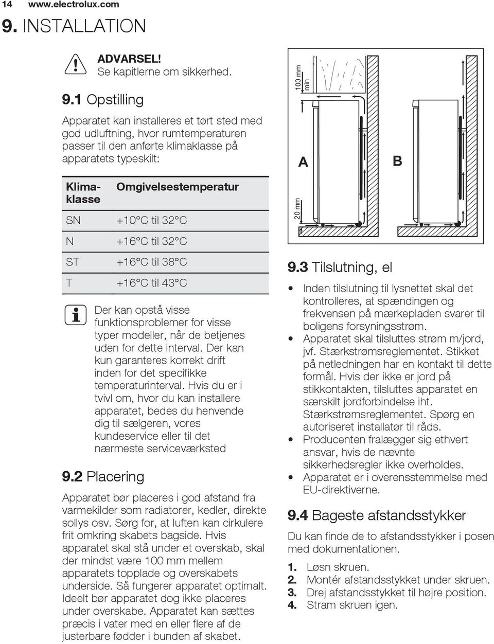 1 Opstilling Apparatet kan installeres et tørt sted med god udluftning, hvor rumtemperaturen passer til den anførte klimaklasse på apparatets typeskilt: 100 mm min A B Klimaklasse