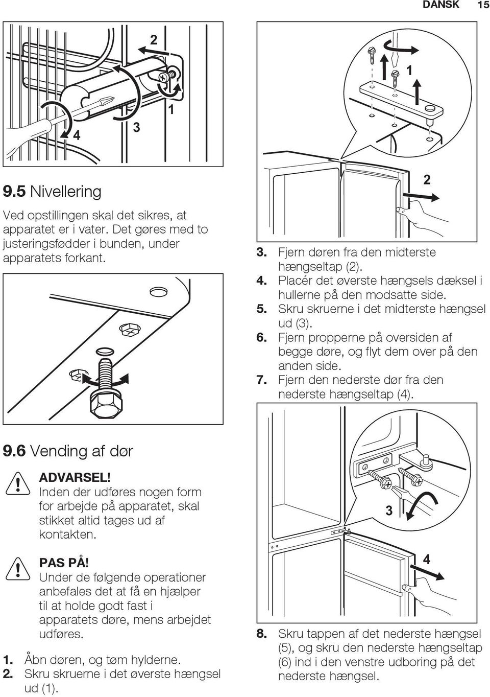 Fjern propperne på oversiden af begge døre, og flyt dem over på den anden side. 7. Fjern den nederste dør fra den nederste hængseltap (4). 2 9.6 Vending af dør ADVARSEL!