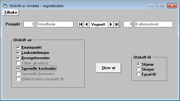 Figur 28: Utskrift av utbyggingsplaner Vegnettsdata Du velger vegnett og datatype(r) du vil ha utskrift av på vegnettsnivå i bildet Utskrift av inndata - vegnettsdata.