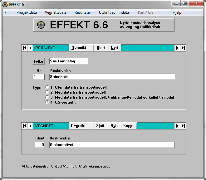 2 Hovedmenyen i EFFEKT Generelt Du starter EFFEKT 6.6 ved å dobbeltklikke på EFFEKT-symbolet på skrivebordet, eller velge EFFEKT under Start-menyen i Windows. Da kommer hovedmenyen EFFEKT 6.