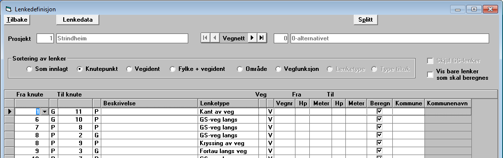 Når du har valgt kommune, vil nummeret vises i kolonnen Kommune. Navnet vises samtidig i kolonnen Kommunenavn. Alle kommuner i landet kommer opp, med nummer, navn og fylke kommunen ligger i.