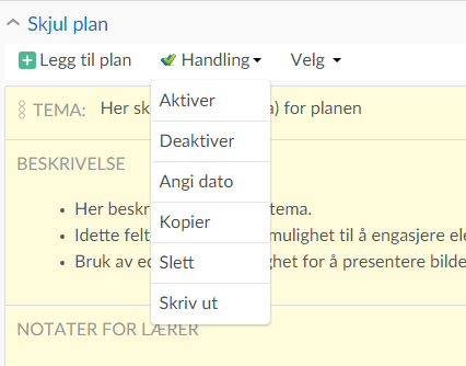 Velg hvilke planer du ønsker å kopiere ved å hake av til høyre i planen. Valgte planer får fargen gul.