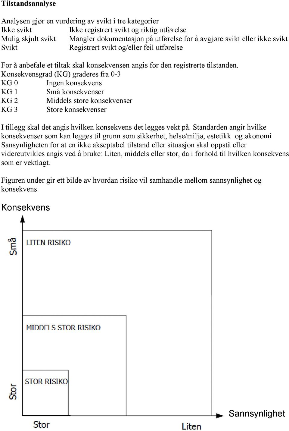 Konsekvensgrad (KG) graderes fra 0-3 KG 0 Ingen konsekvens KG 1 Små konsekvenser KG 2 Middels store konsekvenser KG 3 Store konsekvenser I tillegg skal det angis hvilken konsekvens det legges vekt på.