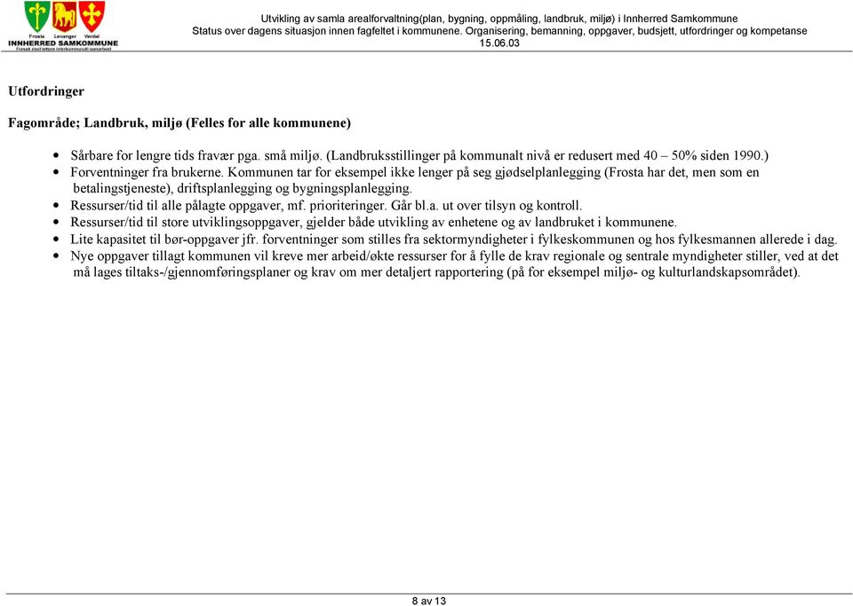 Ressurser/tid til alle pålagte oppgaver, mf. prioriteringer. Går bl.a. ut over tilsyn og kontroll.